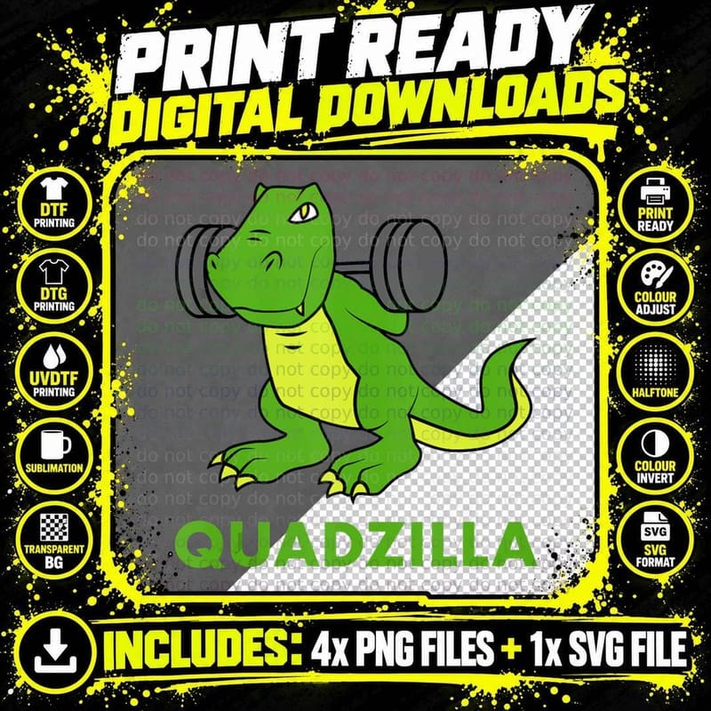 Quadzilla Dinosaur Gym T-Rex, Workout Lover Lifestyle Png SVG Digital Bundle