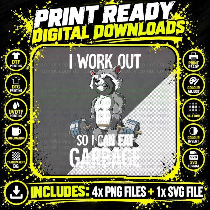 Raccoon Gym Weight Training I Work Out So I Can Eat Png SVG Digital Bundle