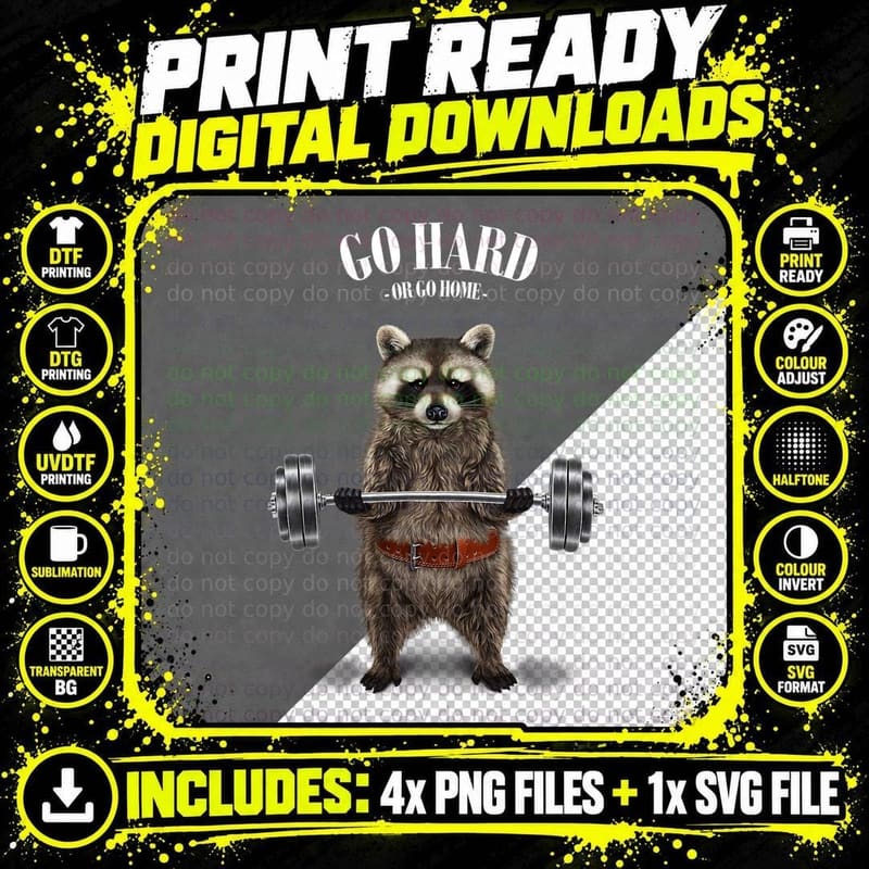 Raccoon Weightlifting in Fitness Gym T-Shirt Png SVG Digital Bundle