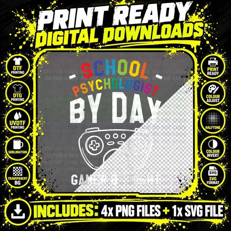 School Psychologist by Day Gamer by Night Psychology Png SVG Digital Bundle