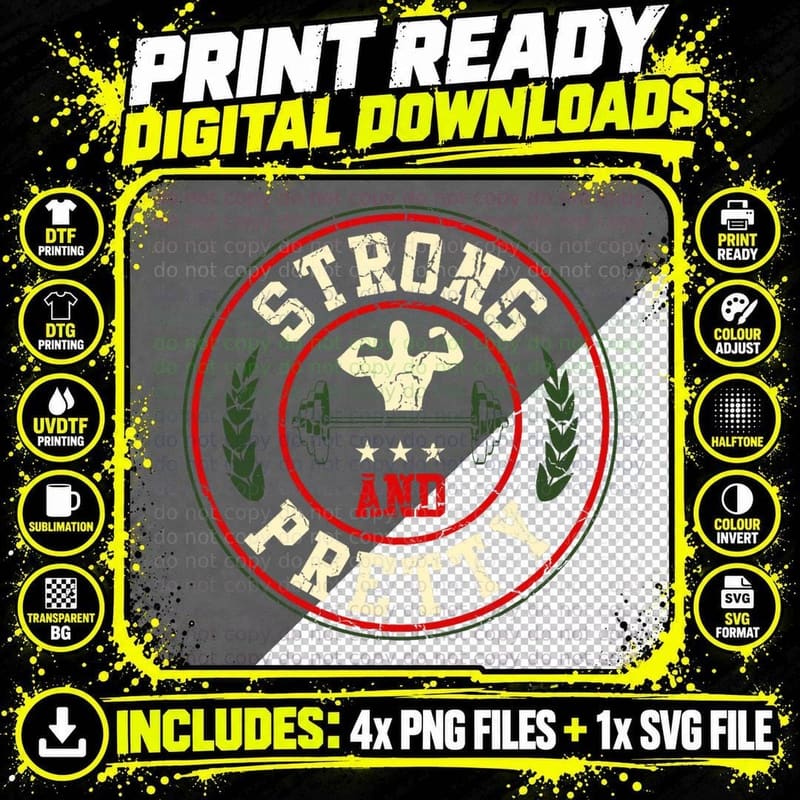 Strong and Pretty Gym Workout Bodybuilding Barbell Png SVG Digital Bundle