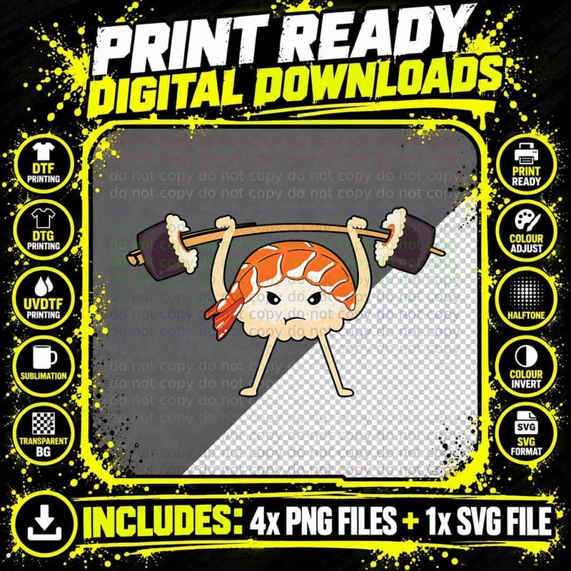 Sushi Gym Lifting Weights Funny Kawaii Training T-Shirt Png SVG Digital Bundle