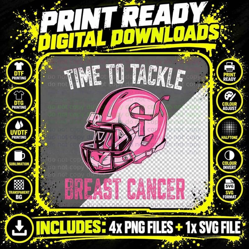 Tackle Breast Cancer Football Helmet Pink Ribbon Png SVG Digital Bundle