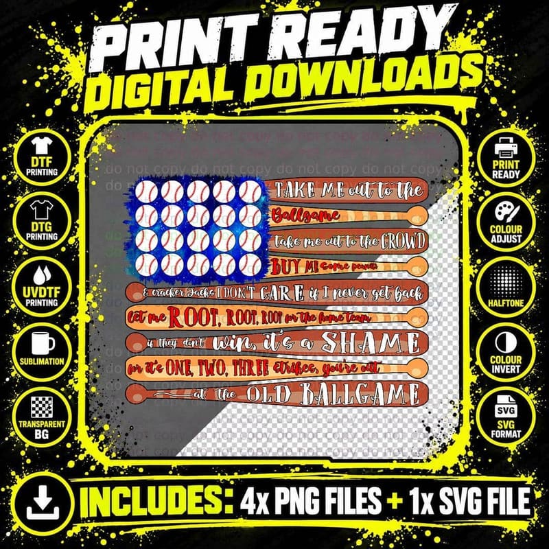 Take Me Out to the Ball Game Baseball Bat Player Fans Png SVG Digital Bundle