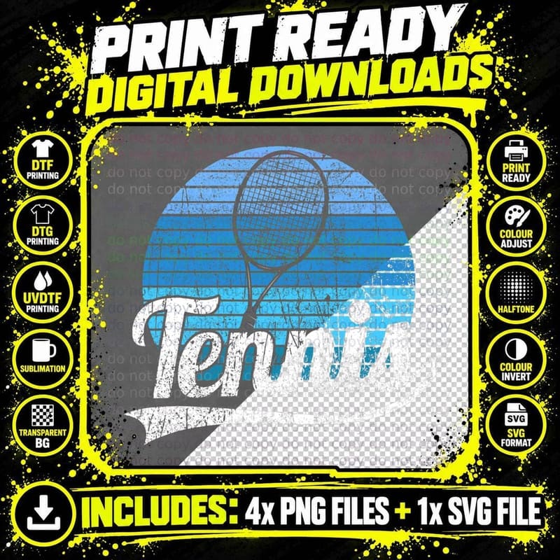 Tennis Graphic Retro Vintage Style Racket Gift T-Shirt Png SVG Digital Bundle