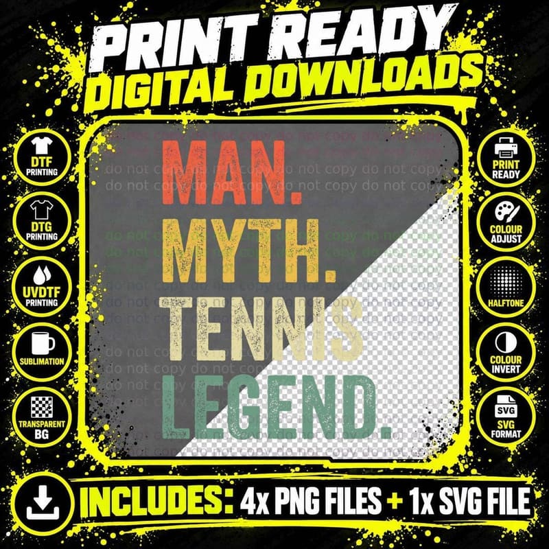 Tennis Player Funny Man Myth Legend Father's Day Vintage Png SVG Digital Bundle