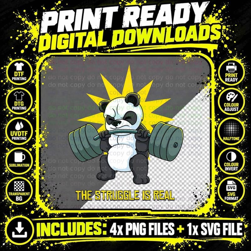 The Struggle Is Real Panda T-Shirt Bear Deadlift Gym Png SVG Digital Bundle