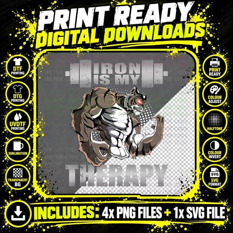 Tiger Powerlifter Workout Gym Iron Is My Therapy Lifting Png SVG Digital Bundle