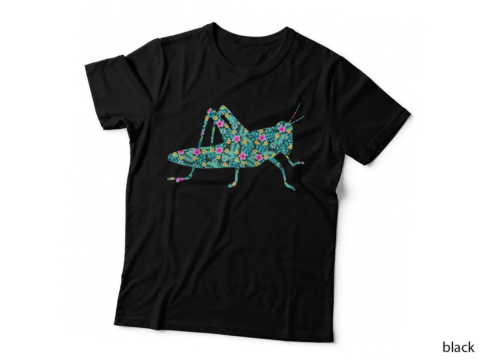 Tropical Floral Print Grasshopper Insect Spring Bug, Cool Design T-Shirt