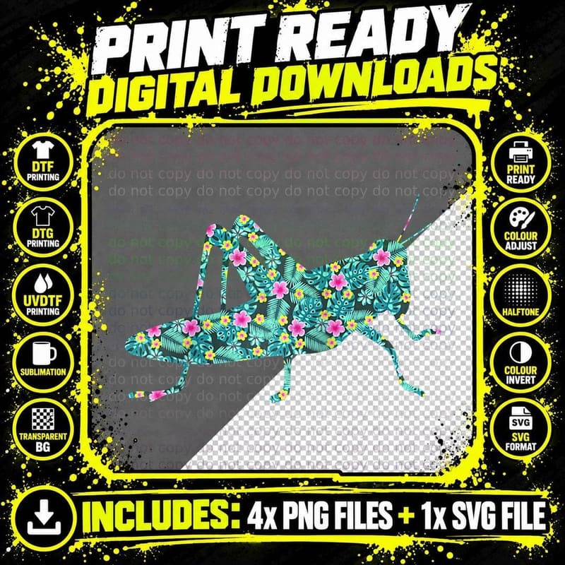 Tropical Floral Print Grasshopper Insect Spring Bug Png SVG Digital Bundle