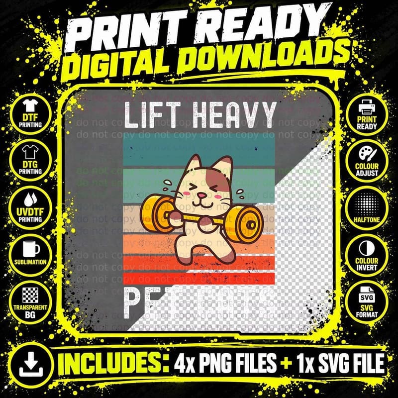 Vintage Lift Heavy Pet Cats Gym Gifts for Weightlifters Png SVG Digital Bundle