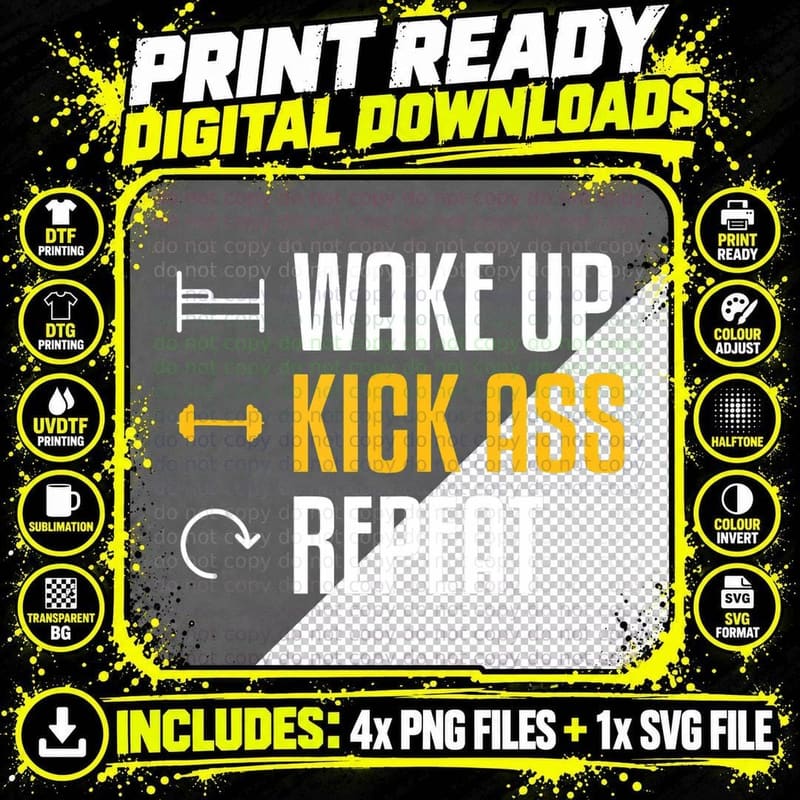 Wake up Kick Ass Repeat Funny Workout Exercise Gym Png SVG Digital Bundle