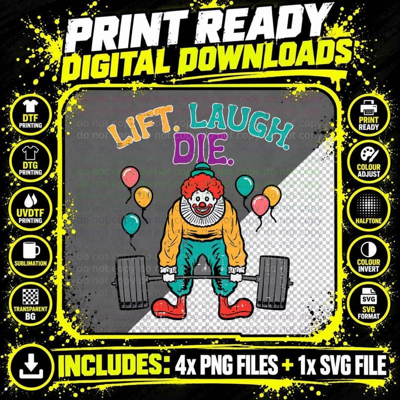 Workout Clown Deadlift Lift Laugh Die Gym Fitness Men Png SVG Digital Bundle