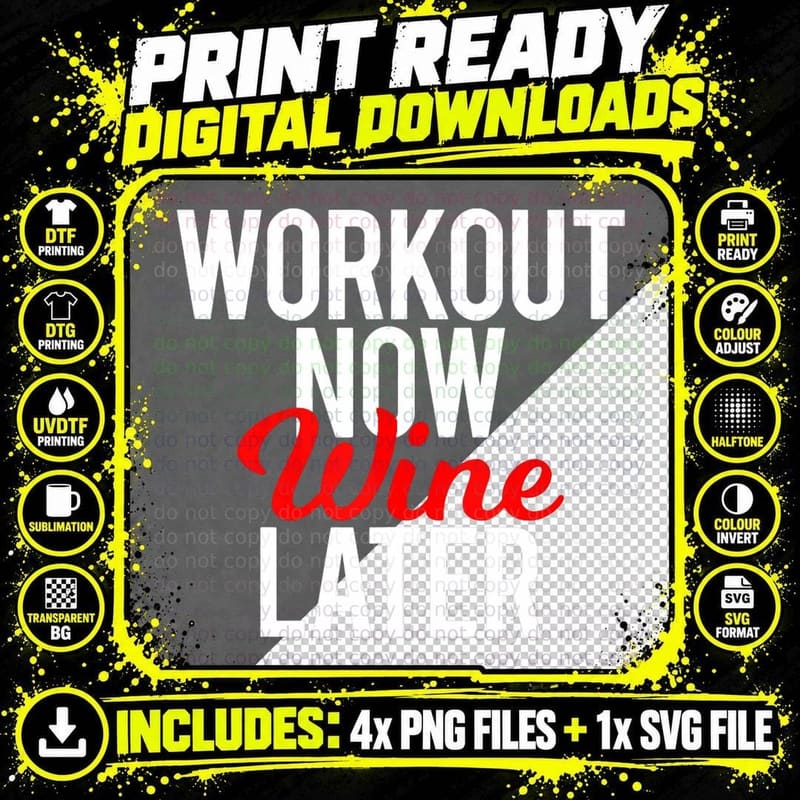 Workout Now Wine Later Funny Gym Saying Spin Fitness Png SVG Digital Bundle