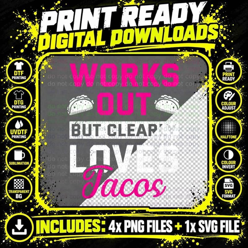 Works Out but Clearly Loves Tacos Funny Gym Workout Png SVG Digital Bundle