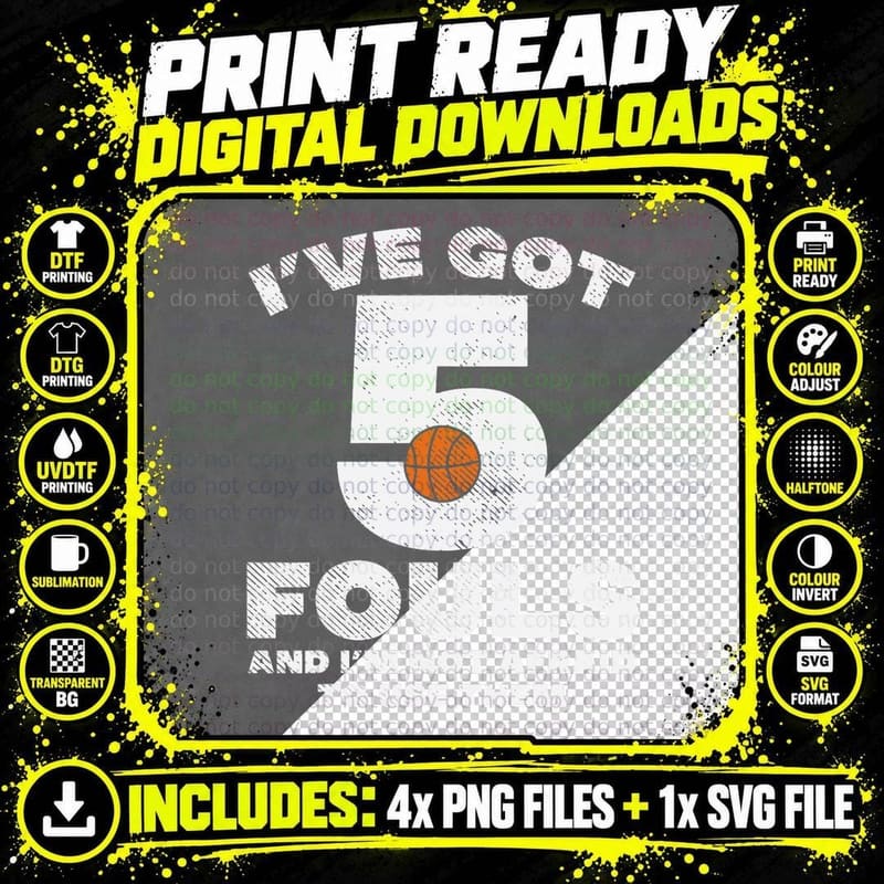 5 Fouls Not Afraid Basketball Funny Baller Player Men Png SVG Digital Bundle
