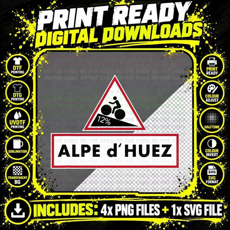 Alpe D'huez Cycling Shirt - 5 Colors & Multiple Sizes Png SVG Digital Bundle