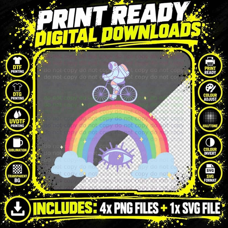 Astronaut Cycling Boho Rainbow T-Shirt Png SVG Digital Bundle