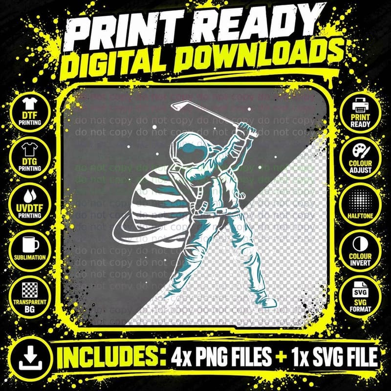 Astronaut in Space with Golf Club Funny Golf Player Png SVG Digital Bundle