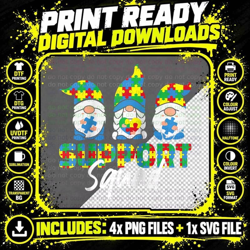 Autism Awareness Month Support Squad Gnomes Gift Lover Png SVG Digital Bundle
