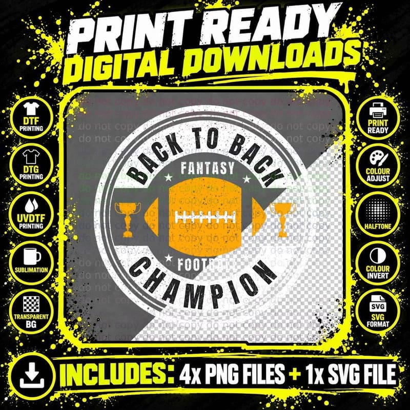 Back to Back Champion Fantasy Football Draft Party Png SVG Digital Bundle