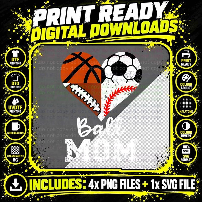 Ball Mom Funny Soccer Football Baseball Basketball Heart Png SVG Digital Bundle