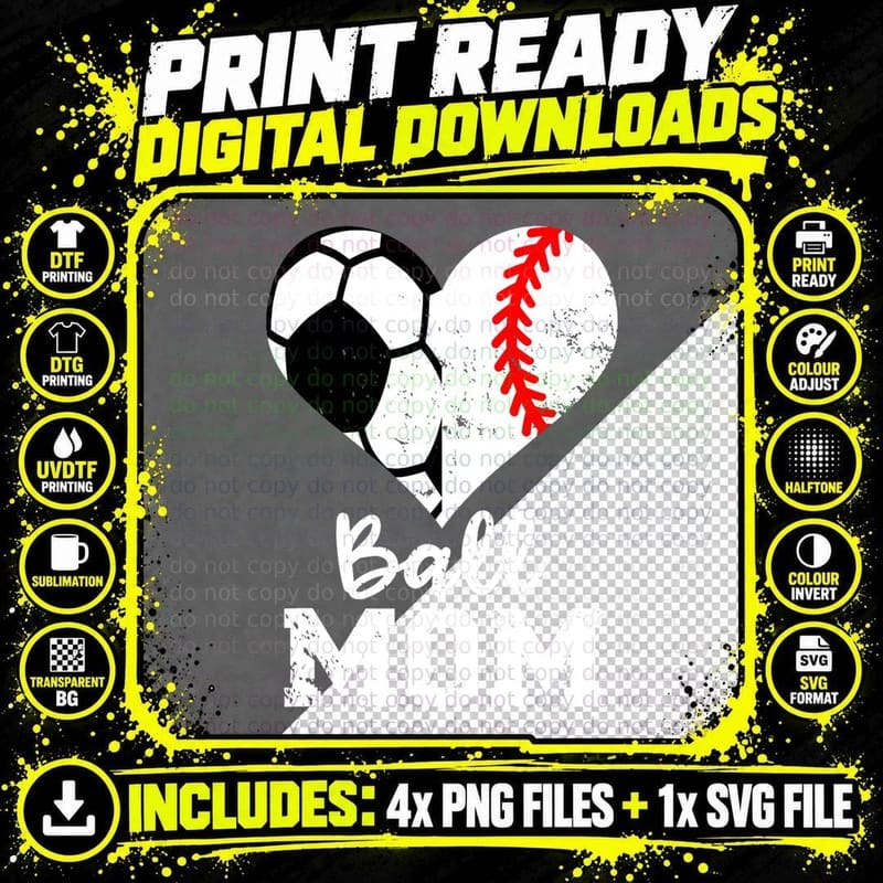 Ball Mom Heart Funny Baseball Soccer Mom T-Shirt Png SVG Digital Bundle