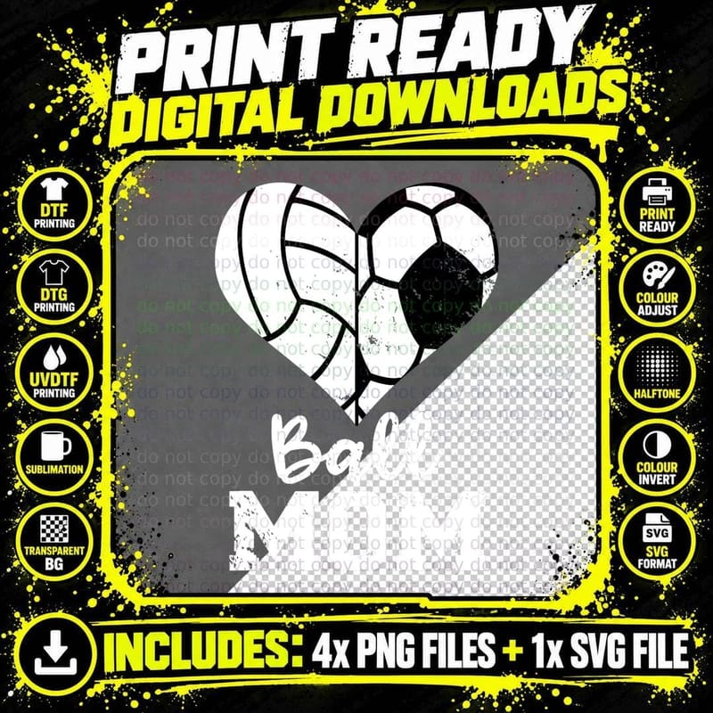 Ball Mom Heart Funny Soccer Volleyball Mom T-Shirt Png SVG Digital Bundle
