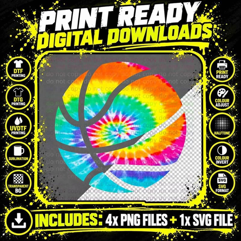 Basketball Tie Dye Shirt - Rainbow Trippy Hippie Tee Png SVG Digital Bundle