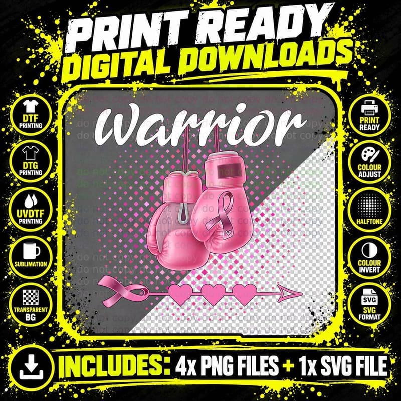 Breast Cancer Awareness Pink Boxing Gloves Warrior Png SVG Digital Bundle