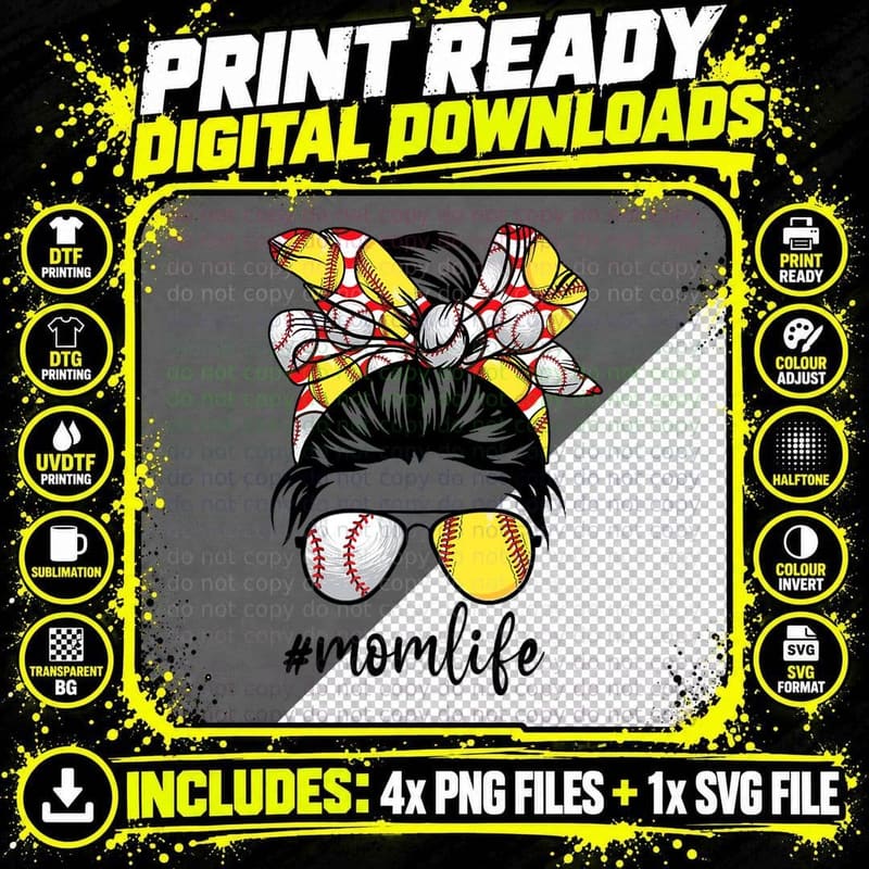 Cute Mom Women Life Baseball Softball Messy Bun Mother's Png SVG Digital Bundle