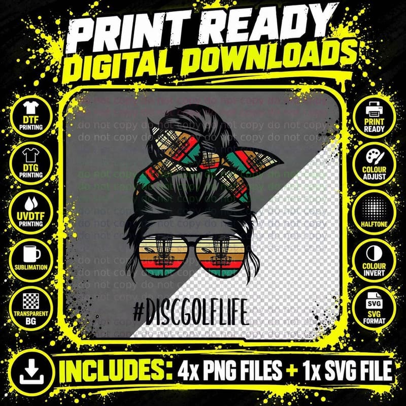 Disc Golf Mom Messy Bun Hair Glasses Life Golfing Golfer Png SVG Digital Bundle