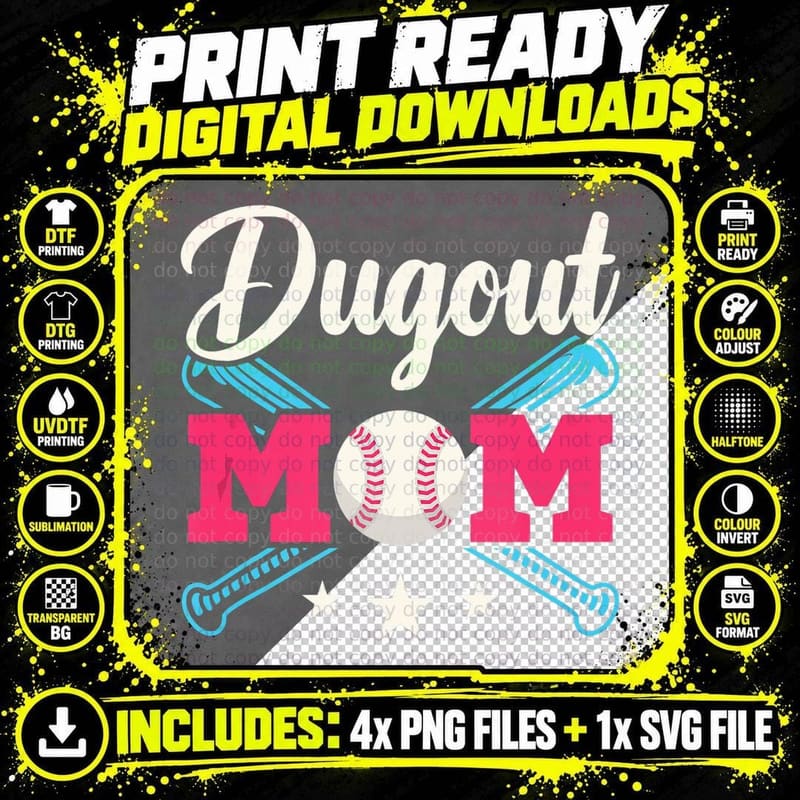 Dugout Mom Baseball Parent T-Ball Gift Lover T-Shirt Png SVG Digital Bundle