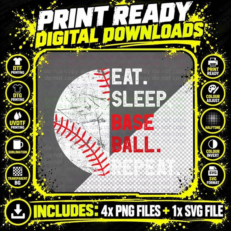 Eat Sleep Baseball Repeat Vintage Baseball Player T-Shirt Png SVG Digital Bundle
