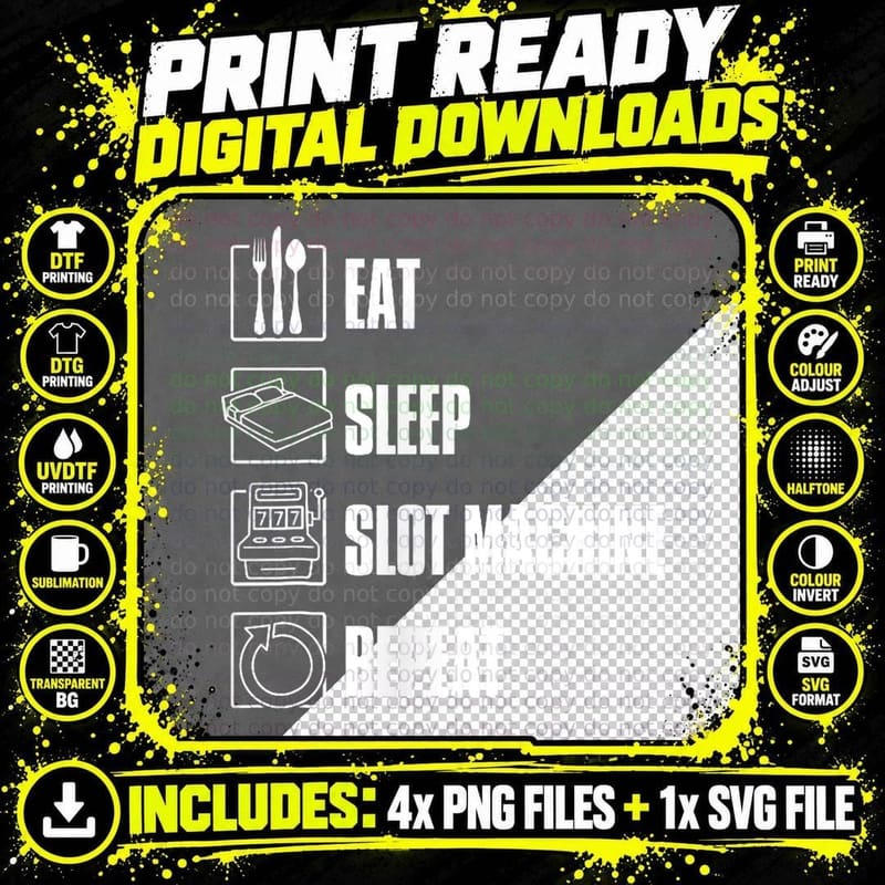 Eat Sleep Slot Machine Repeat, Casino Gambling Gift Png SVG Digital Bundle