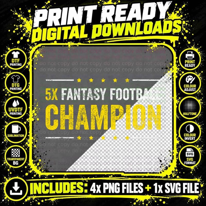Fantasy Football 5 Time Winner Champ Champion T-Shirt Png SVG Digital Bundle