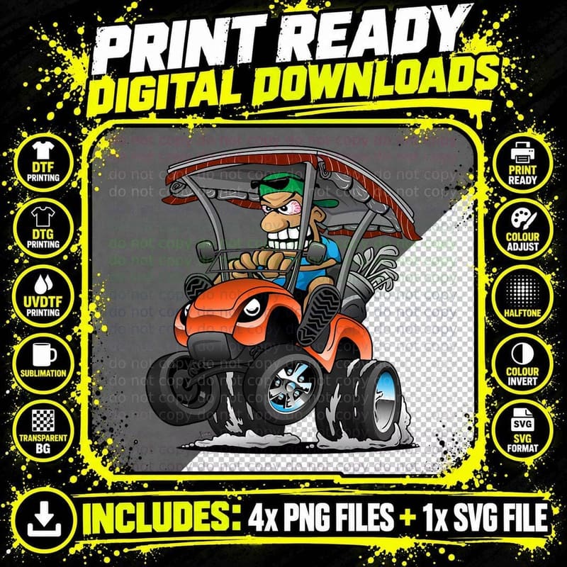 Funny Golf Cart Cartoon Golf Car and Golfing Humor Png SVG Digital Bundle