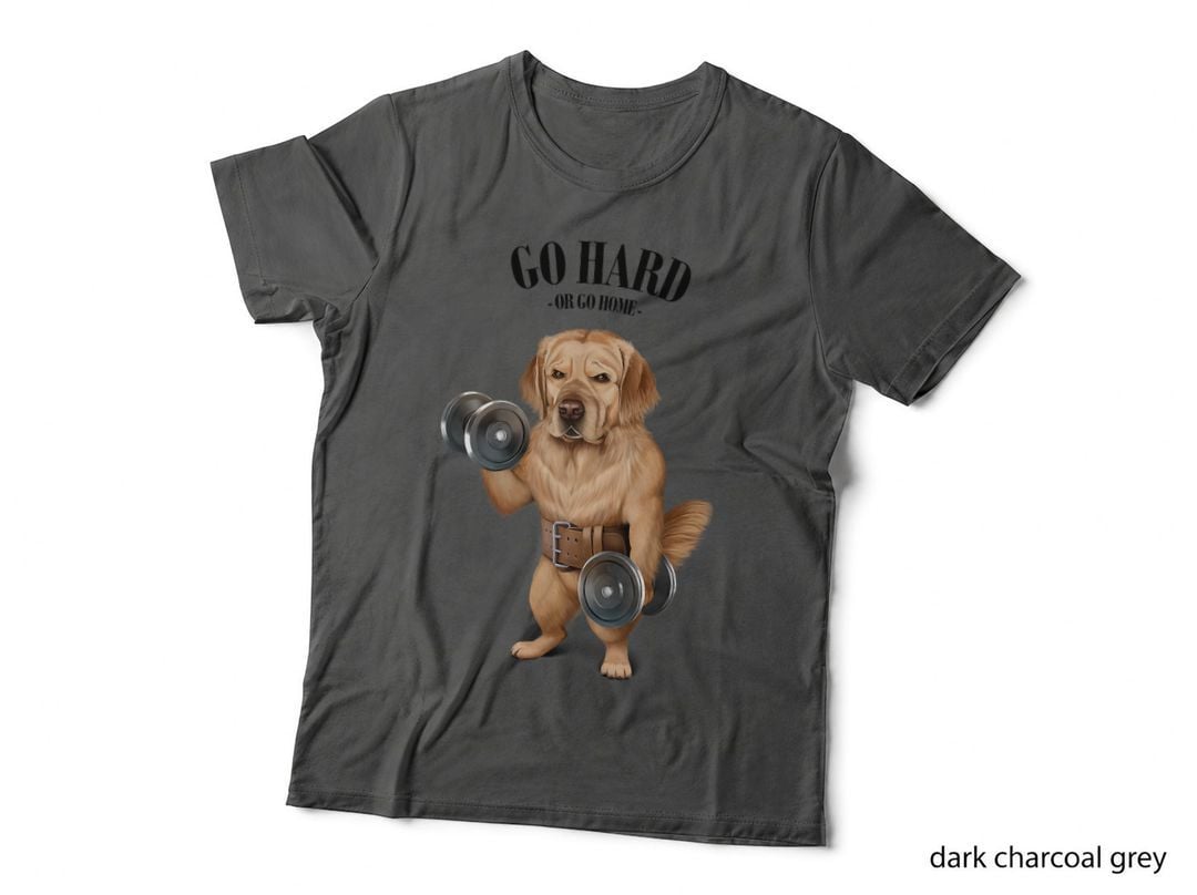 Golden Retriever Dog Muscle Training with Dumbbell in Gym T-Shirt