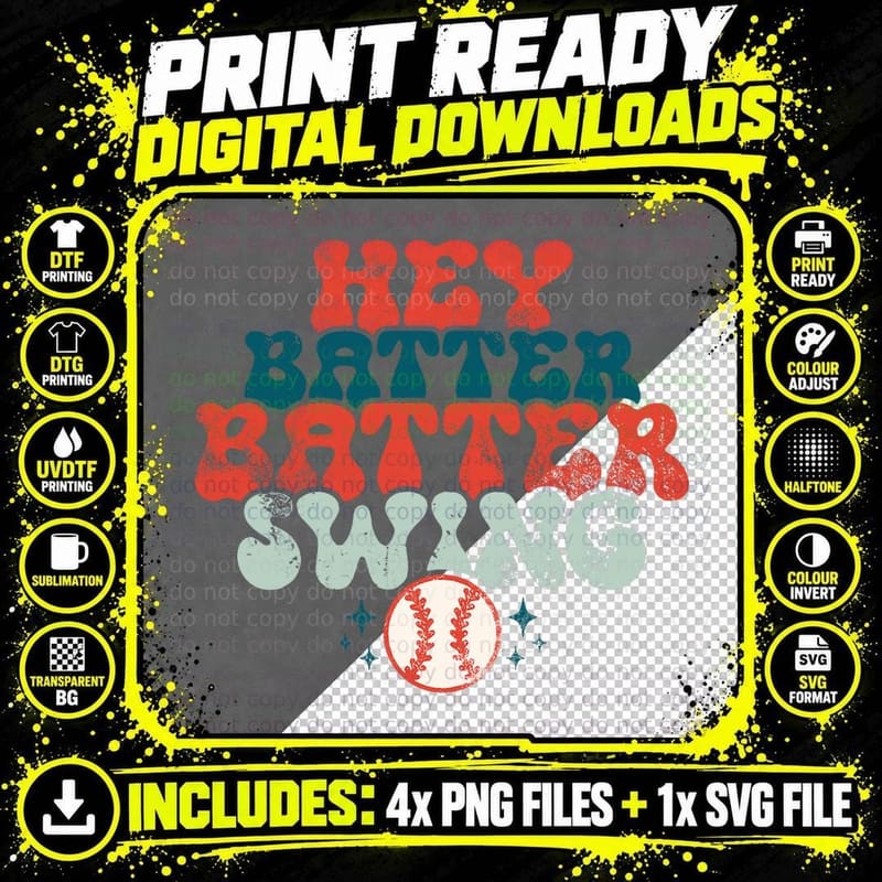 Hey Batter Swing Baseball Game Cheer Basemom T-Shirt Png SVG Digital Bundle