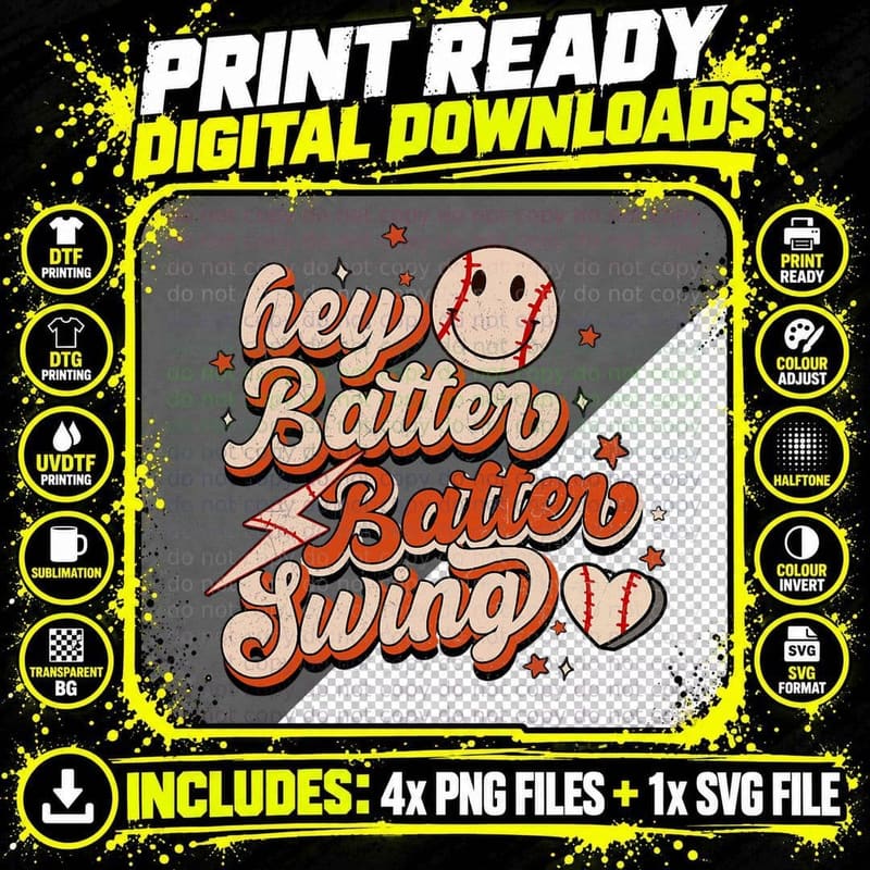 Hey Batter Swing Funny Baseball Game Ballpark Retro Png SVG Digital Bundle