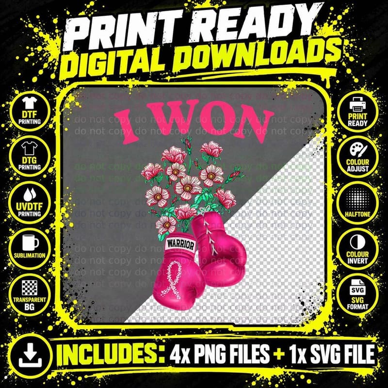 I Won Boxing Gloves Survivor Pink Ribbon Breast Cancer Png SVG Digital Bundle