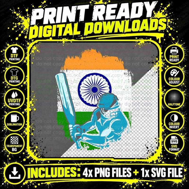 India Cricket Player Indian Flag Cricket Fan T-Shirt Png SVG Digital Bundle