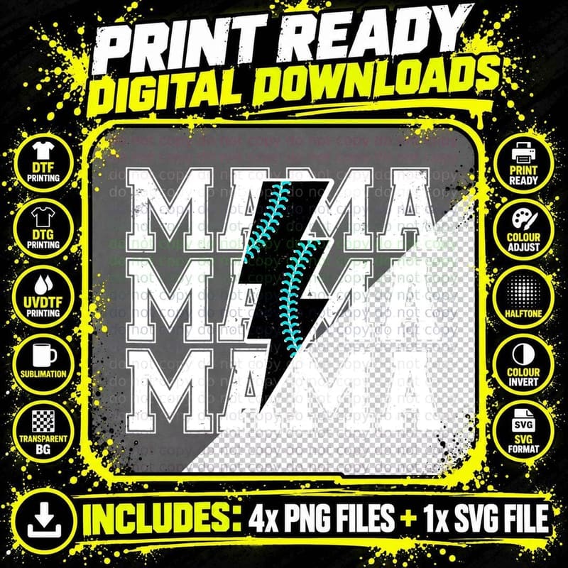 Lightning Bolt Mama Softball Baseball Sport Mom Mother's Png SVG Digital Bundle