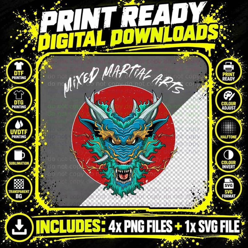 MMA Asian Dragon - Cage Fighter Mixed Martial Arts Png SVG Digital Bundle