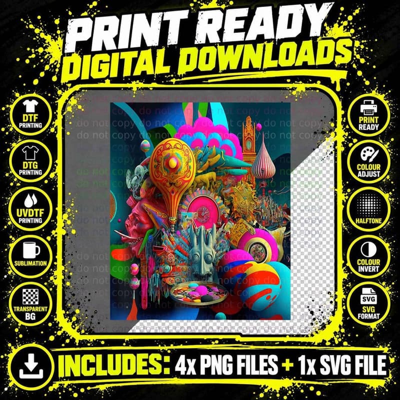 Maximalism Psychedelic Colorful Distorted Reality Png SVG Digital Bundle