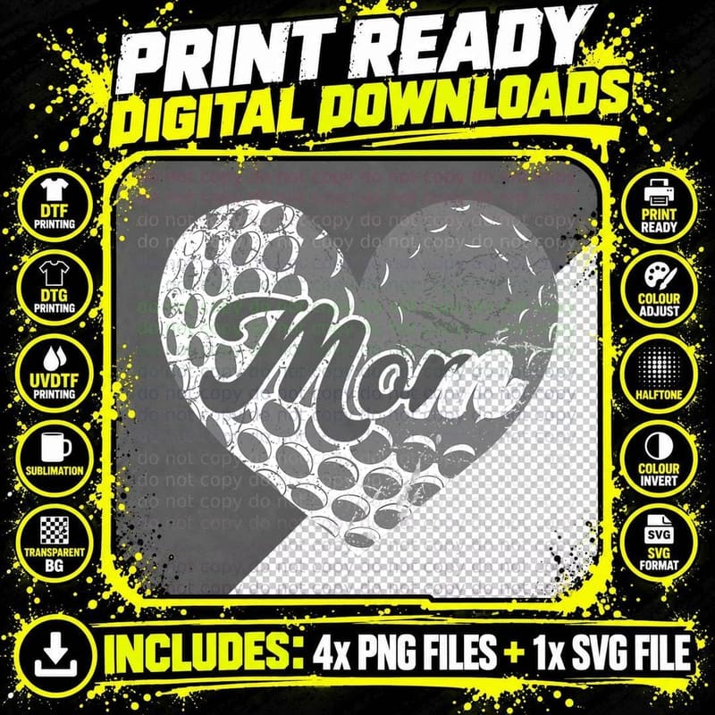 Mother's Day Distressed Heart Golf Mom Mama Sport Fan Png SVG Digital Bundle