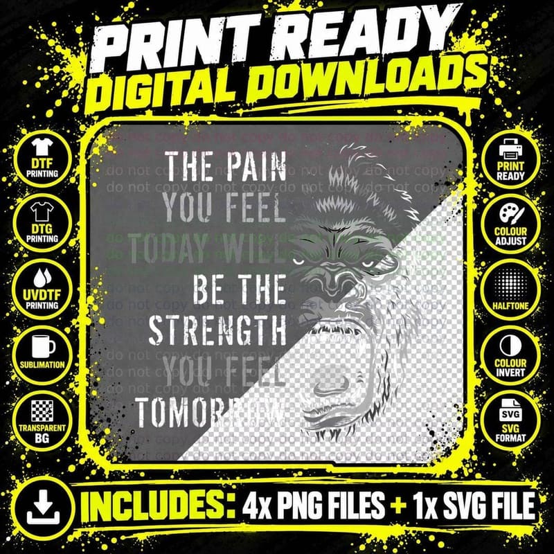 Motivation Workout and Gym Quotes Gorilla Mindset Png SVG Digital Bundle