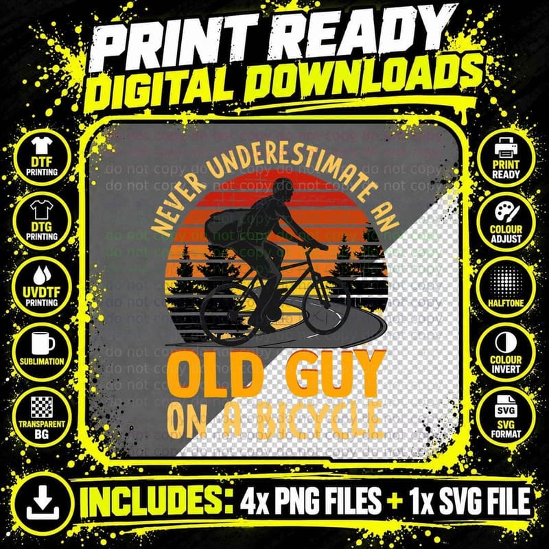 Never Underestimate an Old Guy on a Bicycle Vintage Png SVG Digital Bundle