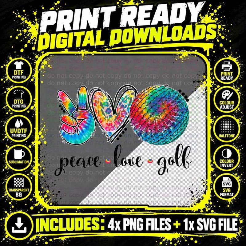 Peace Love Golf Funny Tie Dye Golf Lovers T-Shirt Png SVG Digital Bundle