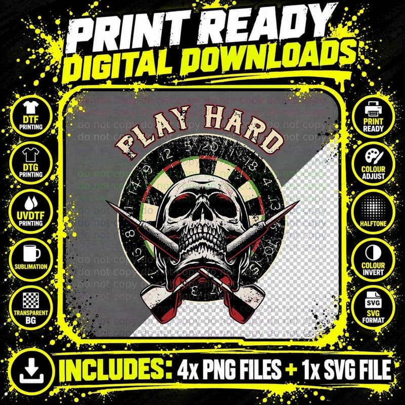 Play Hard Skull Arrow Dartboard Bullseye Team - Darts Png SVG Digital Bundle